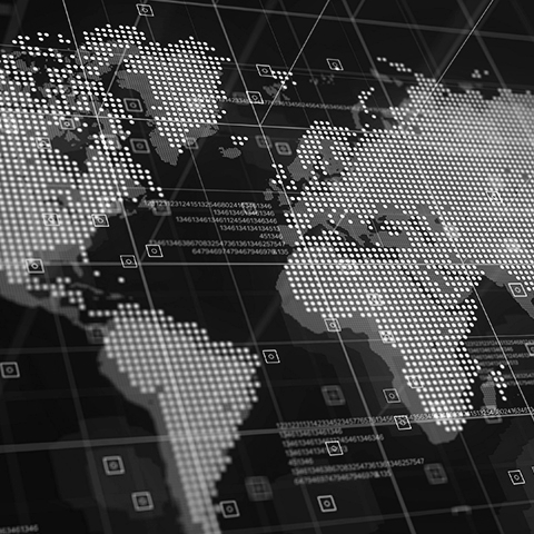 digital world map with various data points