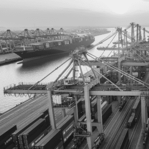 Shipping containers on freighters in port.