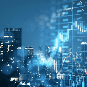 Financial graph, city skyline