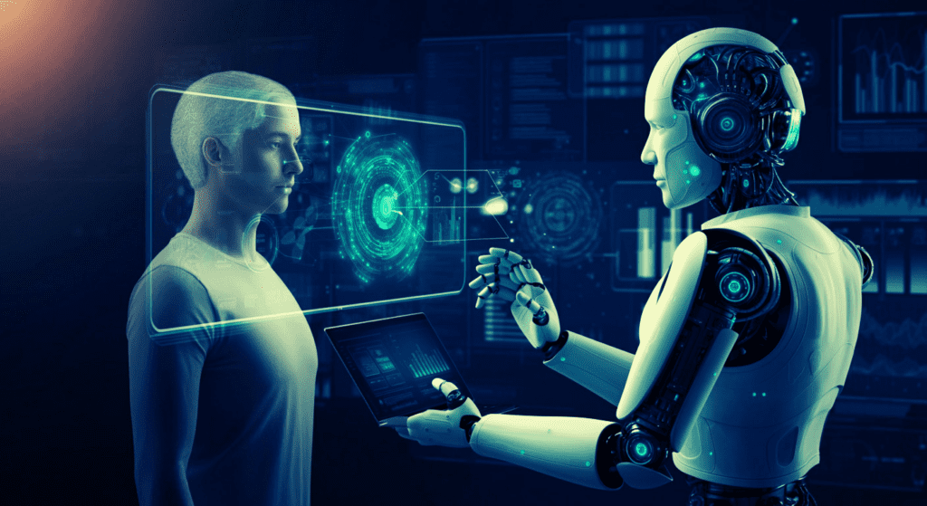 Robot looking at human through stylized screen. AI generated image.